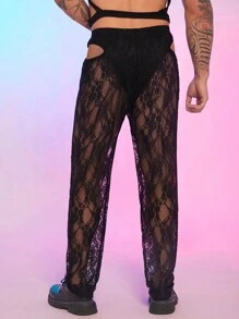 FeverCity 男士性感大胆前卫蕾丝镂空直筒高腰西装长裤 - 彩色 - 查看 2