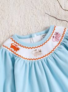 SHEIN Infant Girls' Simple Stylish Light Blue Kitty Embroidery Collar Long Sleeve Romper Jumpsuit Pajamas - Baby Blue - View 3