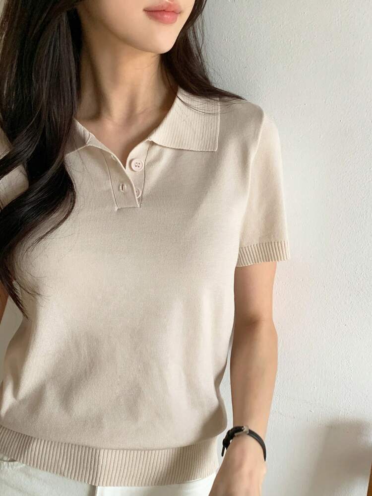 Women Business Casual Polo Collar Short Sleeve Knit Top