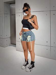 Quần short denim dáng ngắn cargo ôm sát, cạp chun, kiểu dáng cổ điển, chất liệu denim, phong cách Rave Y2K, viền rách, buộc dây, cực kỳ quyến rũ. - Màu xanh lam - Xem 6