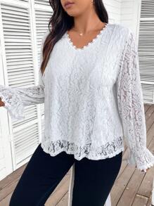SHEIN Frenchy ملابس علوية كاجوال بأكمام طويلة وياقة على شكل حرف V مع تطريز دانتيل وأزرار في الخلف، مناسبة للاستخدام اليومي للمقاسات الكبيرة - بيج - مشاهدة 7