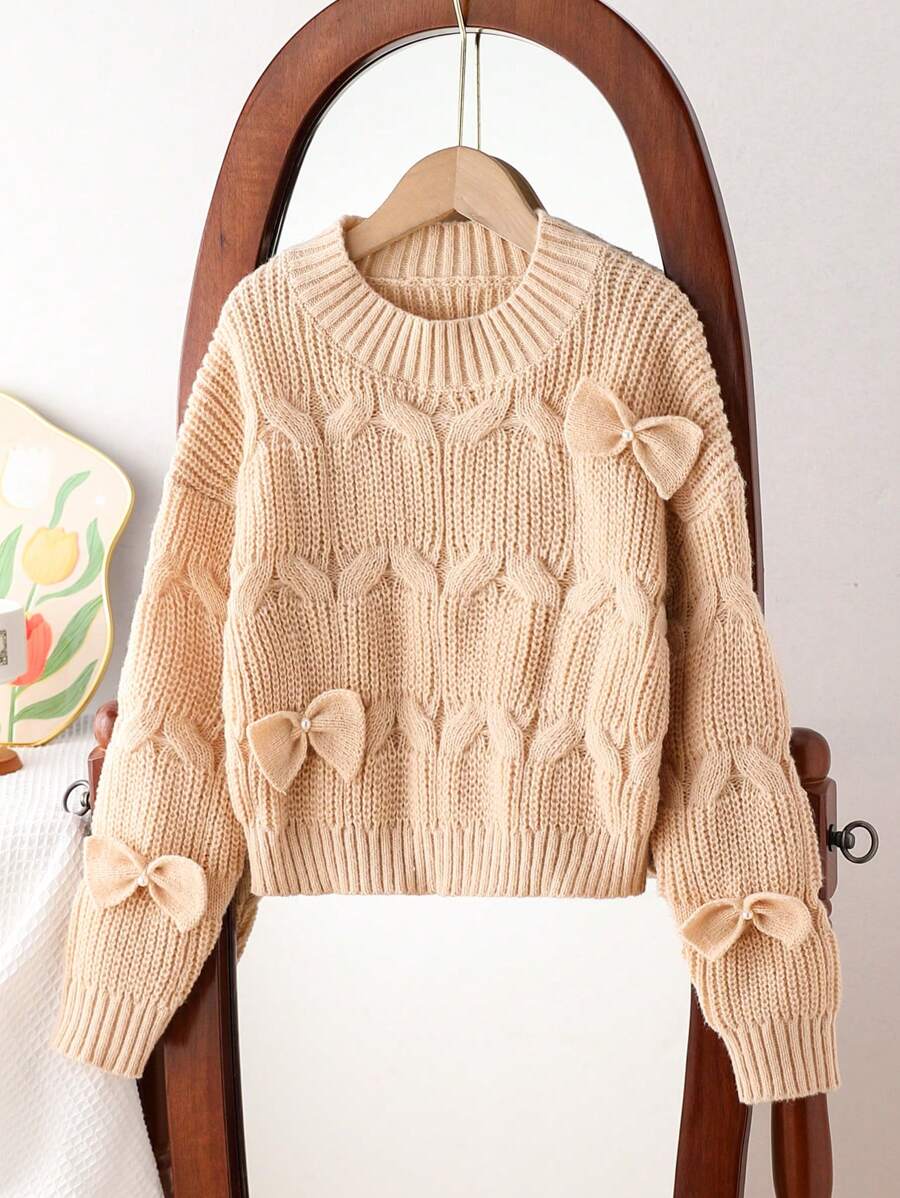 SHEIN Suéter pulôver com decoração de laço fofo para meninas pré-adolescentes