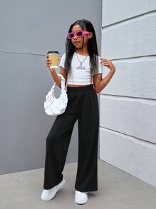 SHEIN Tween Girl Street Style Knit Solid Color Loose Casual Wide Leg Sweatpants - Black - View 2