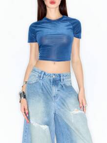 MUSERA Áo thun crop top kiểu Y2K cho bé gái, thích hợp mặc đi chơi, đi nghỉ mát, mùa xuân hè, lễ hội, ngày lễ. - Màu xanh lam - Xem 5