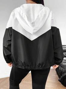 SHEIN EZwear 大码拼色抽绳连帽夹克，春秋装 - 白色 - 查看 2