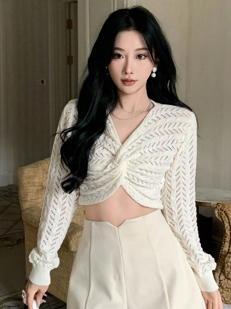 Women's Solid Color Hollow Out V-Neck Twist Knit Sweater,Fall Women Clothes Crop Women Tops