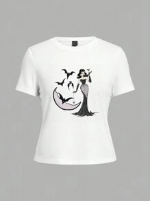 SHEIN EZwear Casual Black & White Witch Print Short Sleeve Slim Fit T-Shirt For Women, Suitable For Halloween/Fall