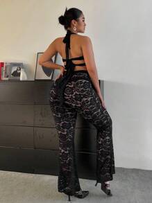 Flirla Plus Size Lace Halter Backless Jumpsuit - Black - View 2