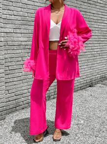 Maweii Plus Size Women's Feather Patchwork Long Sleeve Blazer And Jacket Set, Fashion Elegant Slim Fit - Hot Pink - View 3