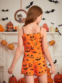 SHEIN Tween Girl Halloween Theme Graphic Print Camisole + Shorts Knit Comfortable Casual Pajama Sets, 2pcs, Mommy And Me Matching Outfits (3 Sets Sold Separately)