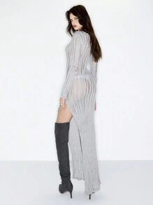 MUSERA Đầm dài tay dệt kim mỏng, rách rưới kiểu Y2K mùa hè - Màu xám đen - Xem 2