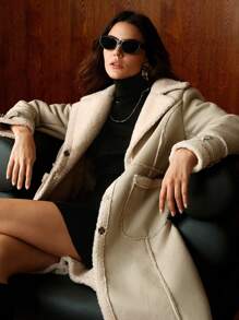 Anewsta Women's Mid-Length Faux Shearling Leather Coat - Apricot - View 4