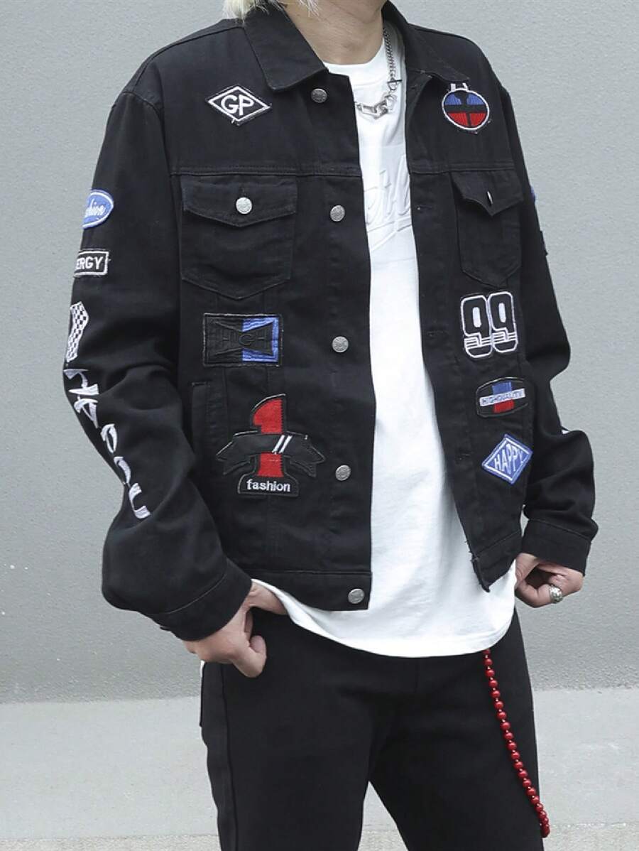Manfinity Roghcode Men's Label Single Breasted Stylish Denim Jacket - Black - View 1