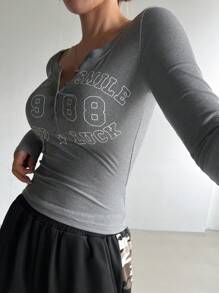 DAZY Letter Printed Round Neck Button-Front Tight Long Sleeve T-Shirt - Dark Grey - View 1