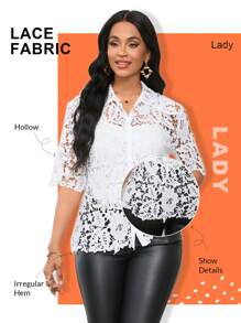 SHEIN Lady 純色對比蕾絲釦扣前衣 - 白色 - 查看 1