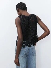 Maija Áo tank top tròn thêu chỉ tan trong nước, thoải mái và thoáng khí, thích hợp cho kỳ nghỉ hè, phong cách bohemian, đi biển, du lịch biển, đi chơi mùa hè, lễ tốt nghiệp. - màu đen - Xem 2