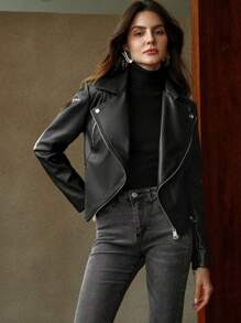 Anewsta Black PU Leather Motorcycle Jacket, Open Front, Modern Urban Style For Women - Black - View 3