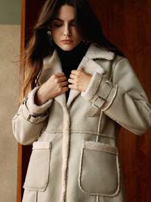 Anewsta Women's Mid-Length Faux Shearling Leather Coat - Apricot - View 3
