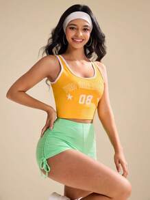 Easithlete Contrast Trim Letter Print Round Neck Sports Tennis Tank Top, Summer