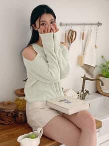 DAZY 女式纯色露肩毛衣上衣，秋季服装 - 綠色 - 查看 3