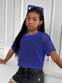 SHEIN Tween Girl Sports Street Knitted Mesh Breathable Round Neck Short-Sleeved Top - Royal Blue - View 2