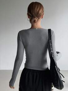 DAZY Letter Printed Round Neck Button-Front Tight Long Sleeve T-Shirt - Dark Grey - View 3
