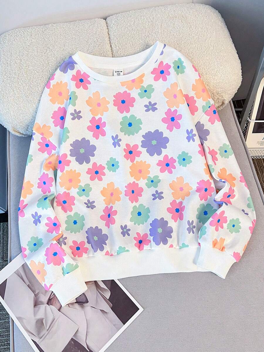 SHEIN Tween Girl Comfortable Loose Fit Cat Printed Pullover Round Neck Sweatshirt, Long Sleeve,In Fall/Winter - White - View 1