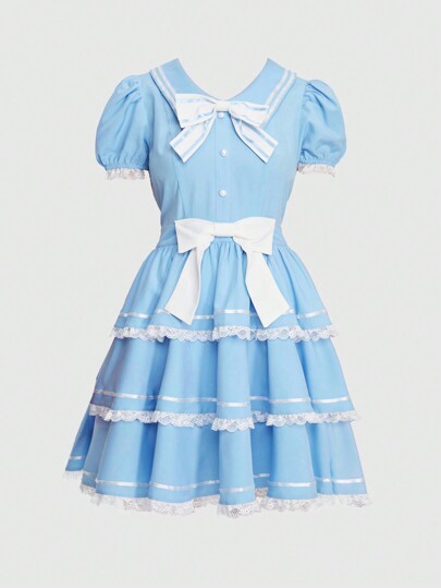 Kawaii Women's Puff Sleeve Dress With Bow Decoration, School