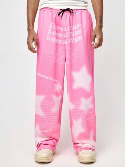 ROMWE Avant Pantalones deportivos con cordón en la cintura, estampado de estrellas y eslóganes, para escuela