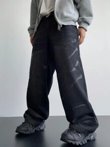 Claim Dot Men's Casual Washed Loose Straight Baggy Jeans - Black - View 5