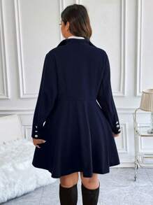 Flirla Plus Size Women's Solid Color Simple Everyday A-Line Jacket, For Winter - Navy Blue - View 2