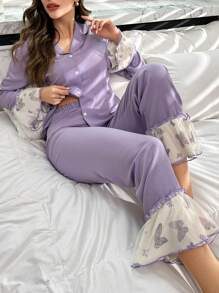 Women's Butterfly Print Ruffle Splice Lapel Top And Pants Pajama Set