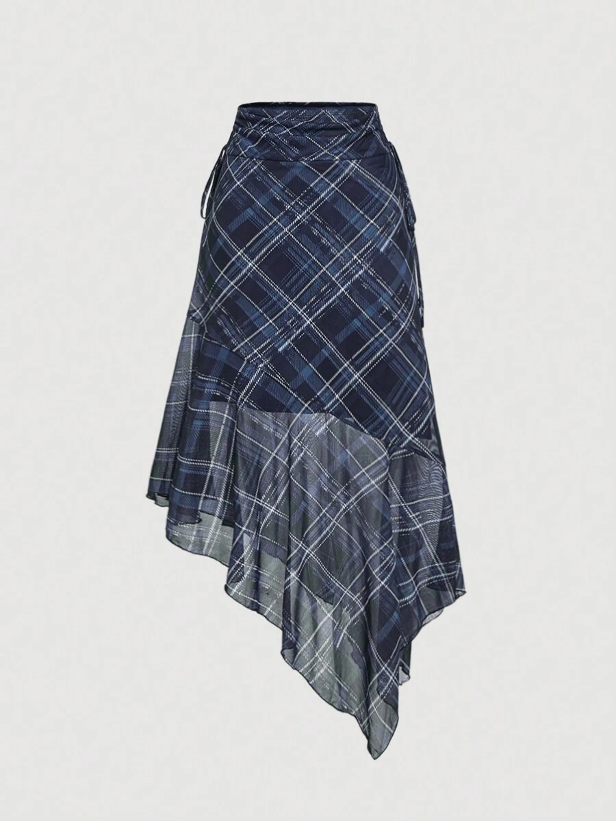 SHEIN MOD Women's Navy Blue Plaid Asymmetrical Skirt,Bow Tie Skirt, Fall/Winter Women Skirt, ,Homecoming ,Renaissance Pants,Fall Wedding Guest Skirt,Party,Old Money Style,Elegant,Office Work Wear Women Skirt,Brunch,Back To School,Business Casual Women,Basic,Teacher,Cute,90s Outfit,Goth,Korean Fashion,Renaissance Fair,Long Skirts
