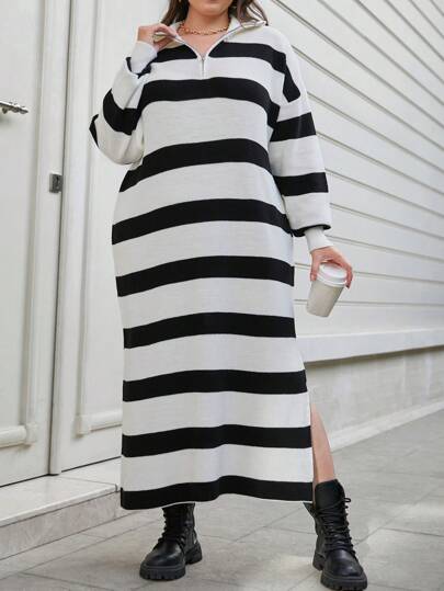 RueChic Plus Size Women Striped Half Placket Drop Shoulder Long Sleeve Long Casual Sweater Dress, Autumn/Winter