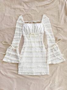 Soleia 休闲浪漫度假纹理缎带系带喇叭袖合身蕾丝女式连衣裙 - 米色 - 查看 6