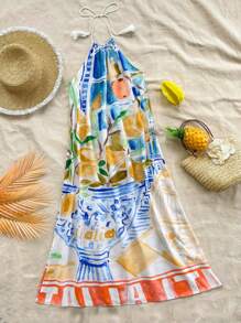 Soleia 女士节日风格趣味水果风景图案印花挂脖领结波西米亚音乐节 A 字形侧开衩初秋毕业季返校可爱午餐休闲连衣裙 - 彩色 - 查看 1