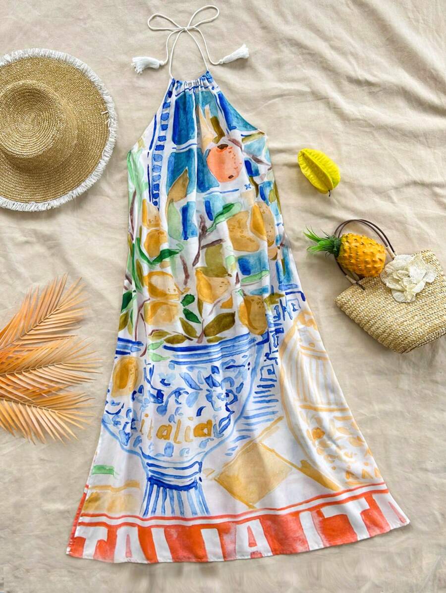 Soleia 女士节日风格趣味水果风景图案印花挂脖领结波西米亚音乐节 A 字形侧开衩初秋毕业季返校可爱午餐休闲连衣裙 - 彩色 - 查看 1