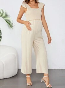 SHEIN Maternity Collared Ruffled Sleeve Long Fit Nursing Jumpsuit