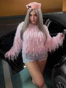 Flirla Áo len chui đầu thiết kế thời trang cỡ lớn rộng rãi rách rưới - Hồng - Xem 3