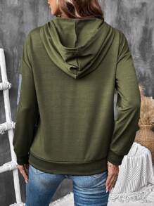 SHEIN LUNE Casual Contrast Color Pocket Hoodie, Spring & Autumn Pullover Fall Sweatshirt - Green - View 2