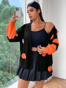 Flirla Cardigan Casual Aberto com Blocos de Cor Texturizada de Abóbora e Fantasma, para Outono e Halloween, em Plus Size