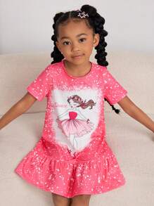 SHEIN Sommerliches, süßes und bequemes Schlafkleid für Kleine Mädchen mit Cartoon-Muster, kurzem Arm, Rüschen am Saum und flammhemmender Funktion