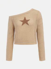 SHEIN Jersey casual de manga larga para adolescente con hombro oblicuo, de punto unicolor de color y patrón de estrellas ahuecado - Caqui - Ver 3