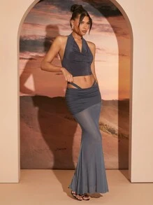 Hauture Thắt lưng hai tầng có chi tiết dây đeo Váy Maxi Sheer - Xám - Xem 6