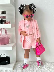 3 件套幼儿女孩舒适羊毛套装 - 夹克、背心和短裤，秋冬季 - 粉色 - 查看 6