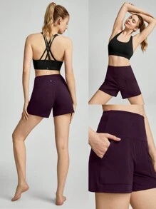 GLOWMODE 4 英寸 FeatherFit™ 瑜伽风格高腰短裤宽松口袋轻度支撑低冲击瑜伽工作室健身房日常夏季 - 櫻桃可樂 - 查看 7