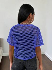 SHEIN Tween Girl Sports Street Knitted Mesh Breathable Round Neck Short-Sleeved Top - Royal Blue - View 3