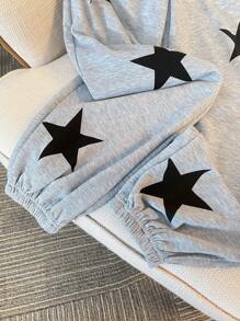 Tween Girls Star Print Baggy Sweatpants, Fall Back To School Casual Outfit - Light Grey - View 3