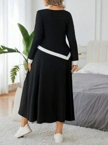 SHEIN LUNE 2pcs Plus Size Women Spring/Fall Casual Color Block Asymmetric Hem Top And Skirt Set - Black - View 2