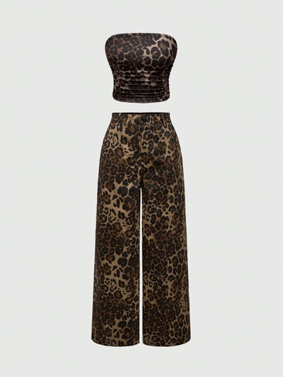 2-teiliges Set für Damen: Lässig Oberteil mit Leoparden-Muster und geraffter, dehnbarer Strick-Schlaghose